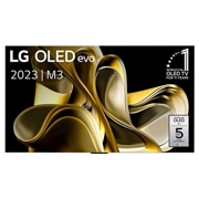 Vooraanzicht met LG OLED M3 en Zero Connect Box eronder, 10 jaar wereld nummer 1 OLED-embleem, LG OLED evo en 5 jaar paneelgarantielogo op het scherm