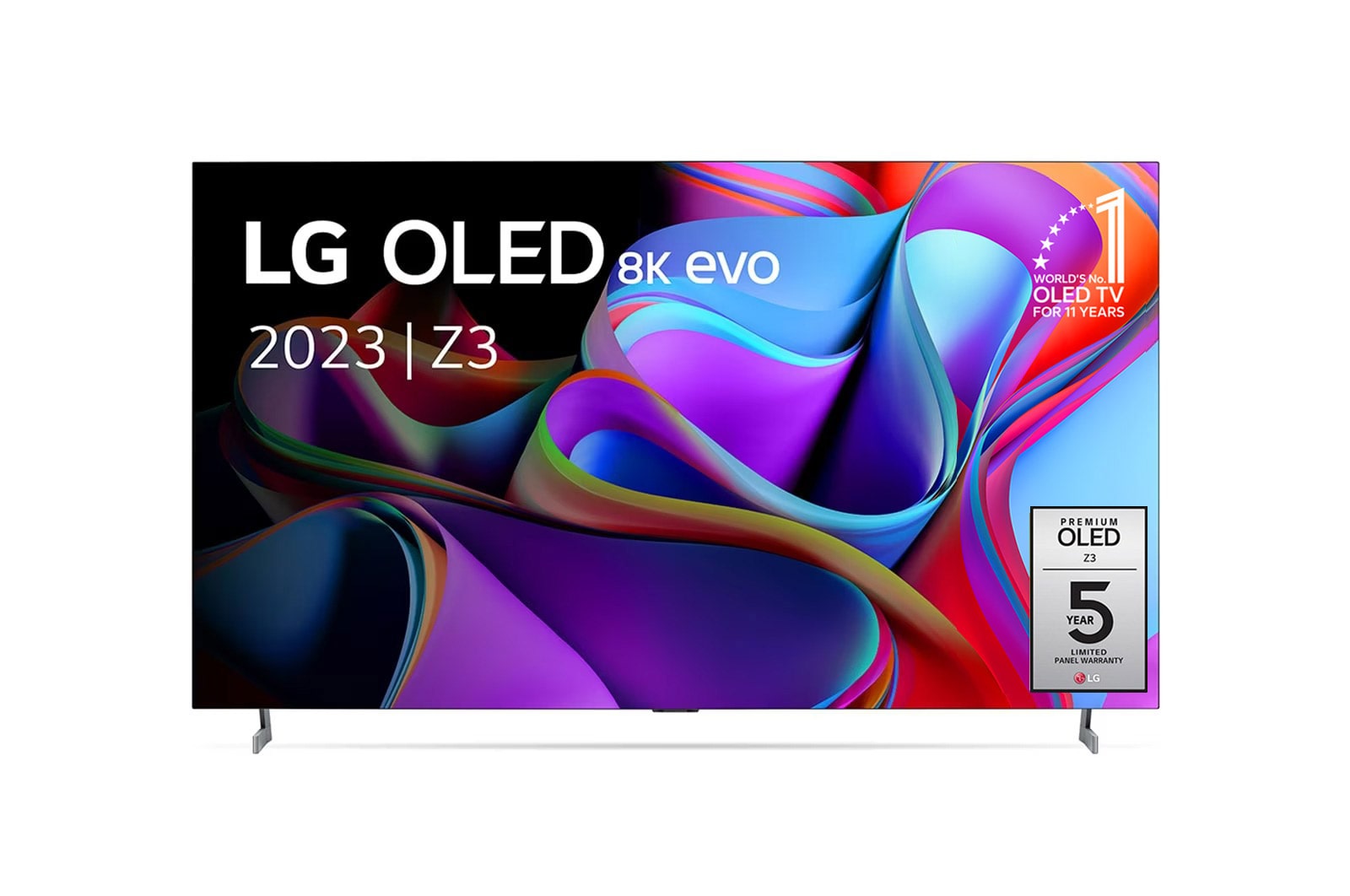 Vue de face avec l’emblème « 10 ans N°1 des TV OLED » et le logo « 5 ans de la garantie » sur l’écran