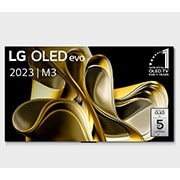 Vooraanzicht met LG OLED M3 en Zero Connect Box eronder, 10 jaar wereld nummer 1 OLED-embleem, LG OLED evo en 5 jaar paneelgarantielogo op het scherm