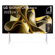 Vooraanzicht met LG OLED M3 op de standaard en Zero Connect Box eronder, 10 jaar wereld nummer 1 OLED-embleem, LG Signiture OLED M en 5 jaar paneelgarantielogo op het scherm