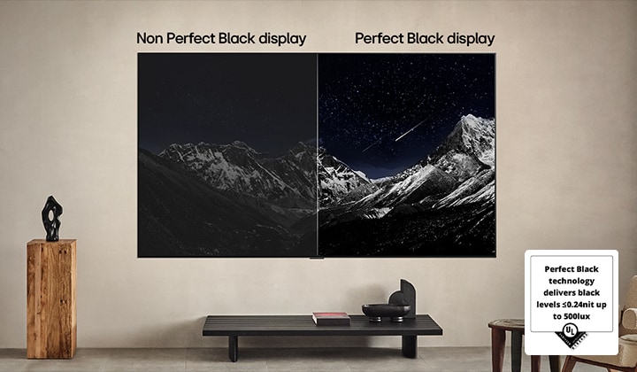 Woonkamer met een aan de muur gemonteerde LG OLED TV. Op de tv is een gebergte te zien tegen een zwarte avondhemel gevuld met sterren. De scene is in het midden gesplitst. Eén zijde heeft een doffere, grijzere versie van het landschap met het label: Niet perfect zwarte weergave. Aan de andere kant is een plezieriger beeld te zien, met een groter dynamisch bereik van zwart en wit. Dit heeft het label: Perfect zwarte weergave. De logocertificering is ook zichtbaar: Perfect zwart-technologie levert zwartniveaus die minder dan of gelijk zijn aan 0,24 nit tot maximaal 500 lux. We zien een tekstballon met de tekst: Controleer het Perfect zwart-keurmerk. 