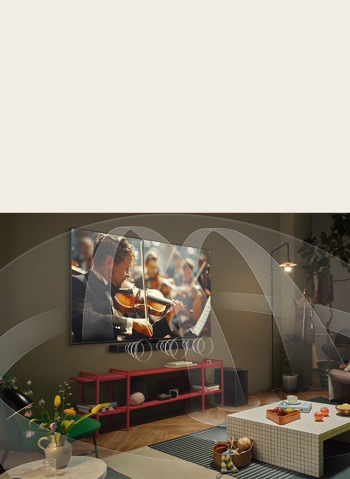 Een woonkamer met een LG OLED TV en LG Soundbar met afbeeldingen die laten zien hoe beide apparaten de ruimte met multi-surroundgeluid vullen.