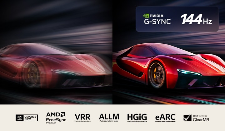 Twee afbeeldingen van een auto in een videogame naast elkaar. Eén vertoont veel bewegingsonscherpte. De andere is scherp en laat de hoge beeldsnelheid van LG OLED TV zien. Nvidia G-Sync-logo en 165Hz-logo en andere relevante certificeringen zijn zichtbaar. 