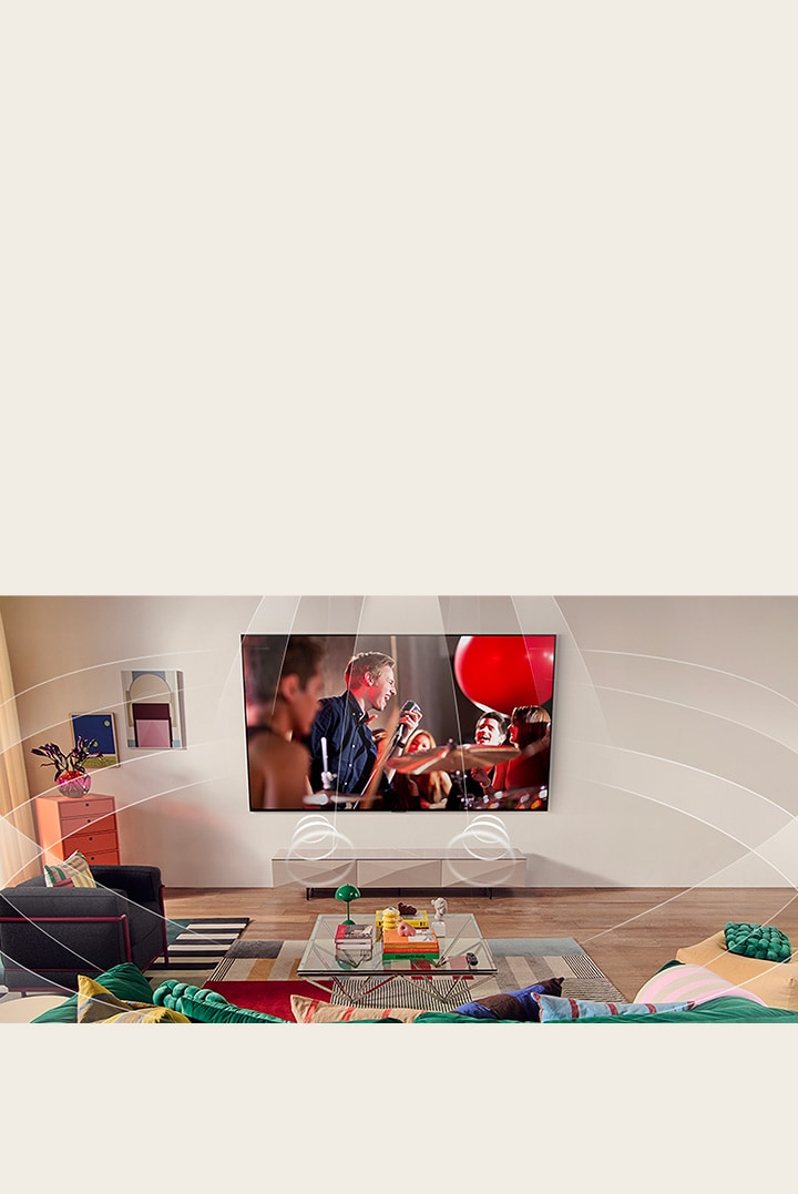 Woonkamer met een wall mounted LG TV. Geluidsgolven worden grafisch weergegeven om de ruimte te vullen en te laten zien hoe virtuele 9.1.2 kanalen een surround sound-ervaring creëren voor de gebruiker. 