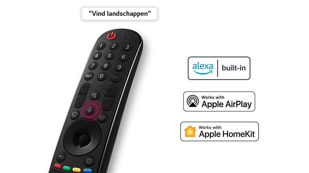 Een afstandsbediening met een tekstballon die zegt: "Zoek landschappen." Logo's van aangesloten OTT-diensten zijn afgebeeld.