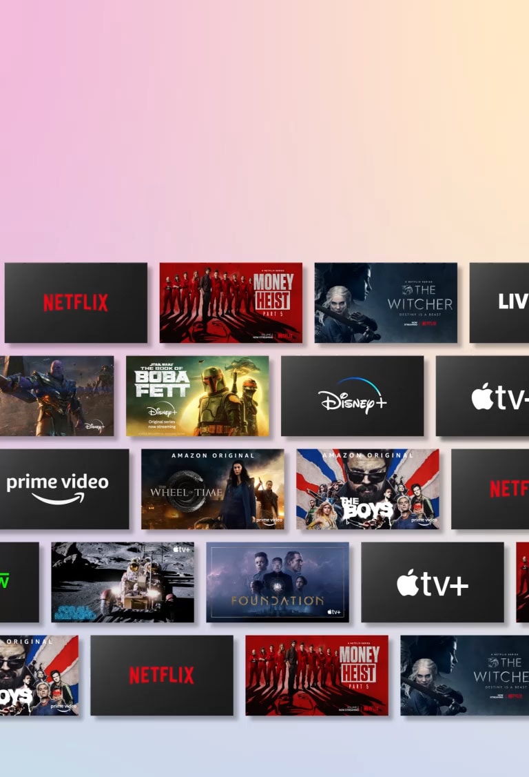 Rijen met OTT-inhoud zijwaarts scrollen terwijl het logo van de OTT-aanbieder en de miniaturen van de aangeboden inhoud worden weergegeven.