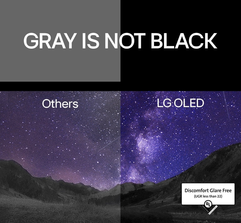De nachtelijke hemel boven de kloof wordt gevuld met de Melkweg. Boven de afbeelding verschijnt “gray is not black” (grijs is geen zwart) in witte blokletters tegen een zwarte achtergrond. Het scherm is in tweeën gesplitst en gemarkeerd als “Others” (anderen) en “LG OLED”. De andere zijde is duidelijk schemeriger en heeft een lager contrast, terwijl de LG OLED-zijde helder is, met een hoog contrast. De LG OLED-zijde heeft ook Discomfort Glare Free-certificatie.