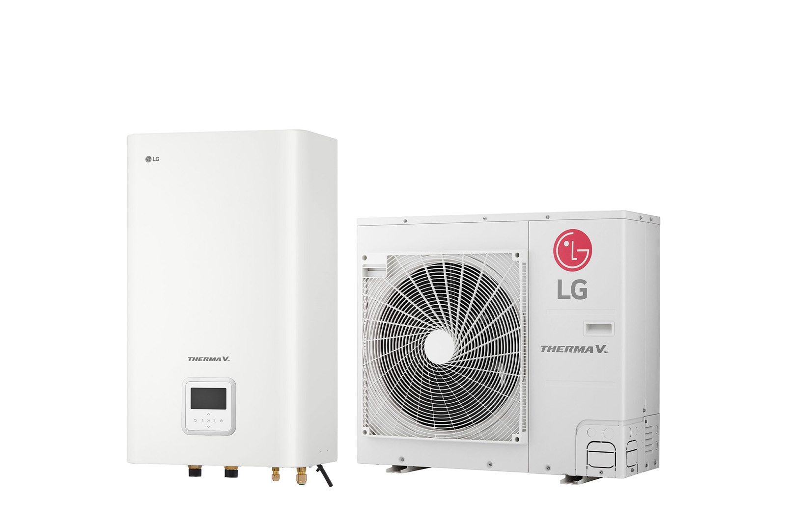 45 graden zijaanzicht rechts van een witte rechthoekige binneneenheid en een staande buiteneenheid met een ronde ventilator naast elkaar.