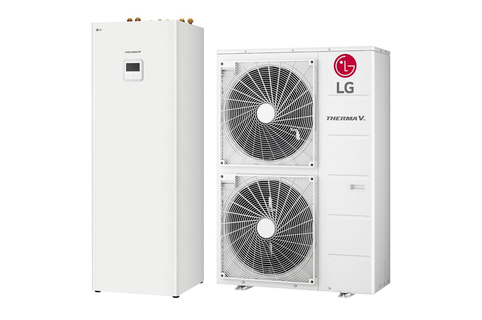 Vooraanzicht van witte rechthoekige LG R32 Monobloc S met twee ronde ventilatoren in verticale richting en rechtsboven een LG-logo.