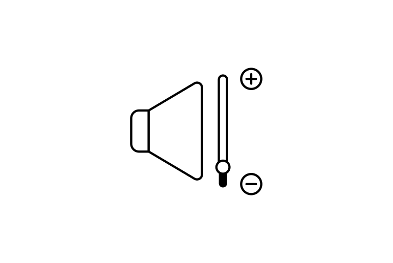 Een driehoekige megafoon aan de linkerkant en een balk aan de rechterkant met een pluspictogram bovenin en een minpictogram onderin om een laag volume aan te geven.
