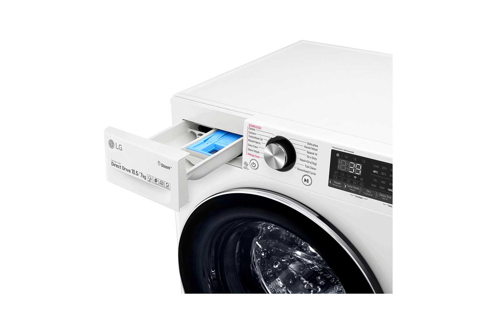 LG TurboWash™ 39 - Perfect schoon in 39 minuten | Slimme AI DD™ motor herkent je kleding | E | 10.5 kg wassen/7 kg drogen  | Hygiënisch wassen met stoom, F4DV910H2E