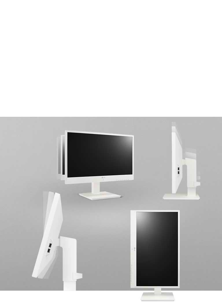 de monitor in het ergonomische ontwerp met kantel-, draai-, pivot- en hoogteverstelmogelijkheden