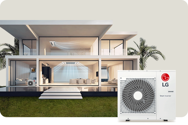 Het huis met twee verdiepingen heeft een perspectieftekening. Wall Mounted Cassette, One Way Ceiling Cassette en Ceiling Mounted Cassette geven frisse lucht af. Er staan palmbomen achter het huis.
