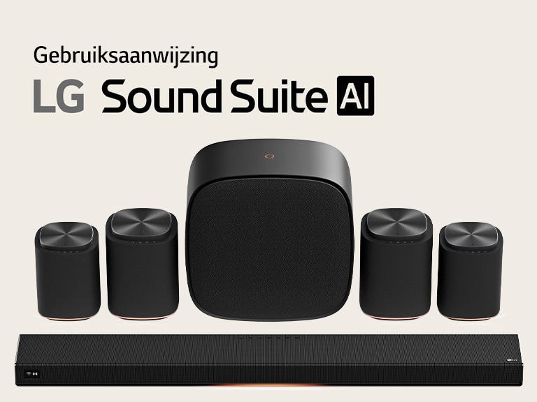 LG Sound Suite thuisbioscoop-luidsprekerset met een H7-soundbar, twee M7-luidsprekers, nog twee M5-luidsprekers en een W7-woofer.