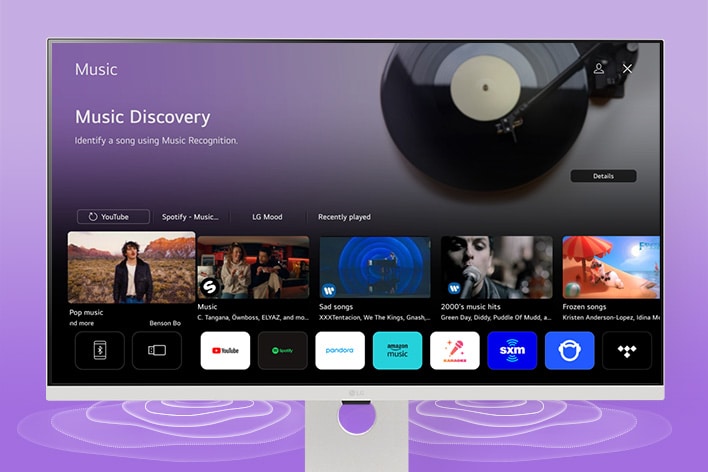 Op het scherm van de LG Smart Monitor wordt de interface van de muziek-apps weergegeven.