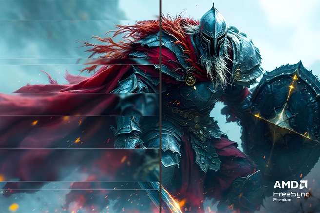 Een gameplay-afbeelding van een enorm monster met een zilveren pantser en een rode cape, die een schild vasthoudt.