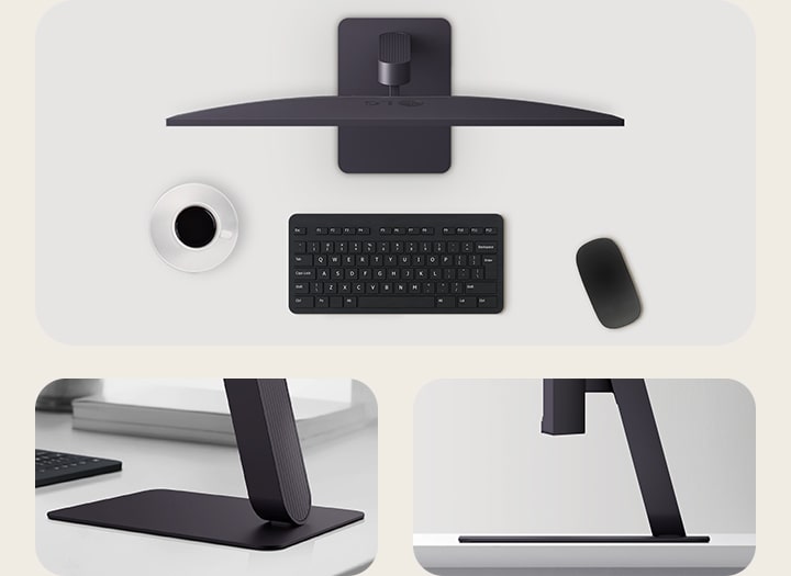 Bovenaanzicht van een LG UltraGear-monitor met een toetsenbord, muis en koffiekopje op een schoon bureau.