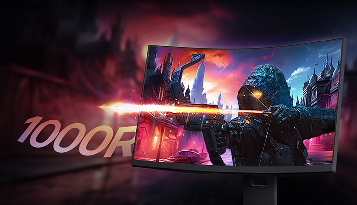 Zijaanzicht van een monitor met een gamend boogschutterpersonage op het scherm.