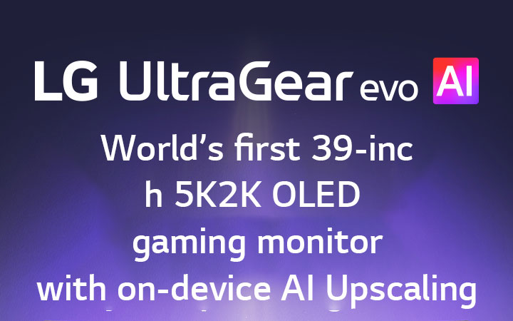 Het UltraGear™ evo AI-logo in een futuristische, neonverlichte ruimte.