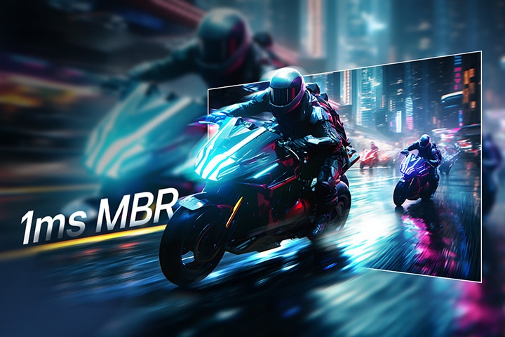 Futuristische motorrijders racen door een met neon verlichte straat, met bewegingsonscherpte op de achtergrond en een uitgelicht gedeelte met scherpe, heldere beelden om de Motion Blur Reduction (MBR) van 1 ms te demonstreren.