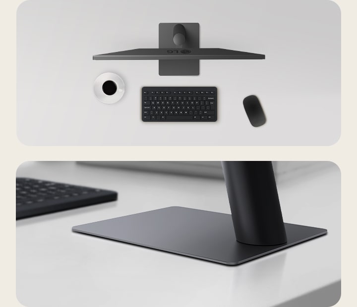 Bovenaanzicht en schuine weergave van een monitoropstelling op een schoon bureau, met een koffiekopje, draadloos toetsenbord, muis en een strakke, platte standaard die stabiliteit garandeert en ruimte bespaart.