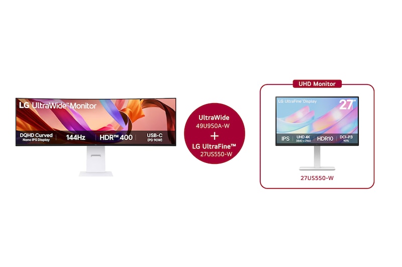 Vooraanzicht van 49-inch UltraWide monitor & 27" LG UltraFine™ UHD IPS monitor 49U950A.27US550