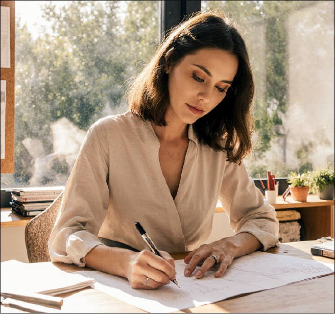 Een vrouw gekleed in het wit zit naast een bureau met verspreide interne informatie erop.	