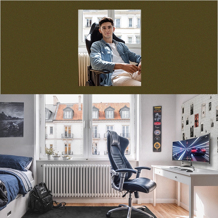 Studentenkamer inrichting met bureau en bed; lachend persoon aan de zijkant.