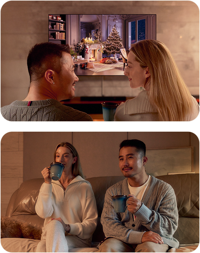 Stel kijkt naar een nostalgische film op een LG OLED-tv