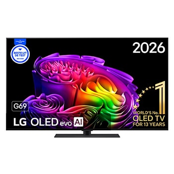 Vooraanzicht van 55 inch LG OLED evo AI G6 4K Smart TV 2026 OLED55G69LS