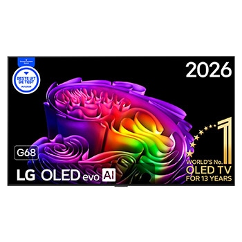 Vooraanzicht van 65 inch LG OLED evo AI G6 4K Smart TV 2026 OLED65G68LW