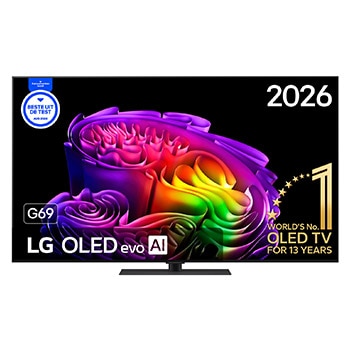Vooraanzicht van 65 inch LG OLED evo AI G6 4K Smart TV 2026 OLED65G69LS