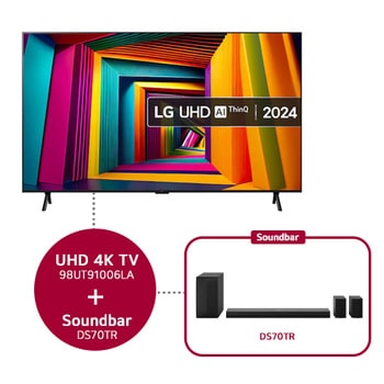 Front view of LG UHD TV, UT90 with text of LG UHD AI, 2024, and webOS Re:New Program logo on screen