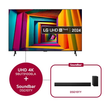 Front view of LG UHD TV, UT90 with text of LG UHD AI, 2024, and webOS Re:New Program logo on screen