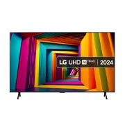 Front view of LG UHD TV, UT90 with text of LG UHD AI, 2024, and webOS Re:New Program logo on screen
