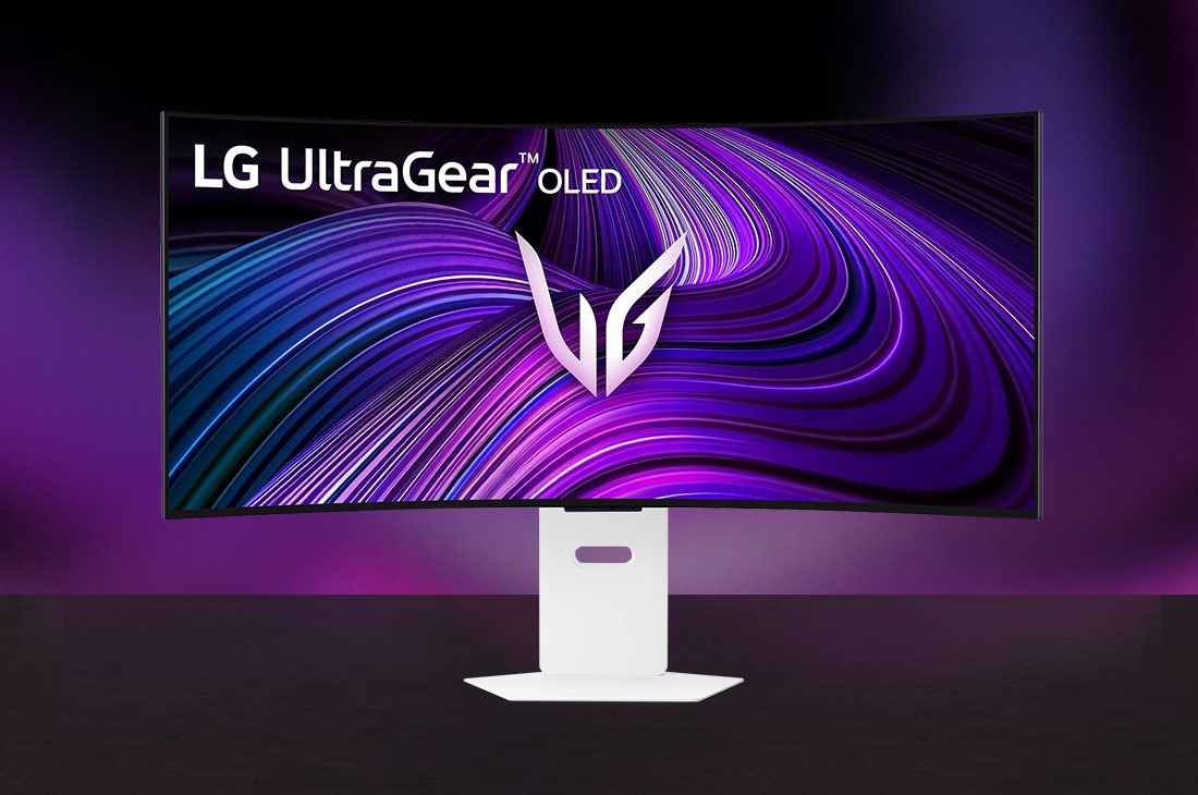 LG UltraGear 39GX90SA Gaming-Monitor mit gebogenem Display und weißem Standfuß im minimalistischen Design.
