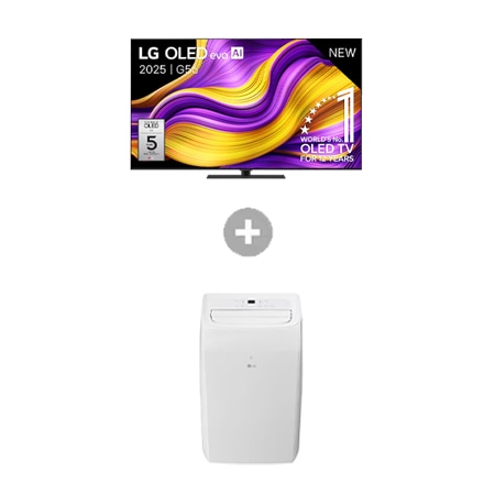 Vooraanzicht van 65 inch LG OLED evo AI G5 4K Smart TV + Mobiele Airconditioner OLED65G56LS.TF09TWS