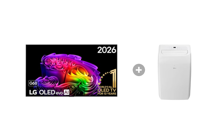 Vooraanzicht van 65 inch LG OLED evo AI G6 4K Smart TV + Mobiele Airconditioner OLED65G68LW.TF09TWS