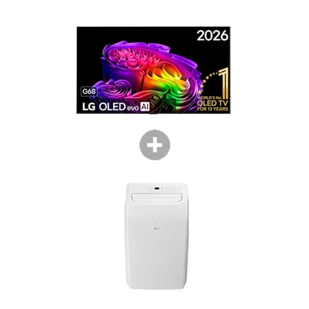 Vooraanzicht van 65 inch LG OLED evo AI G6 4K Smart TV + Mobiele Airconditioner OLED65G68LW.TF09TWS