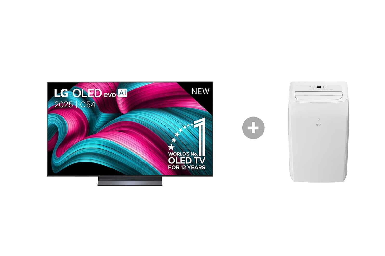 Vooraanzicht van 77 inch LG OLED evo AI C5 4K Smart TV + Mobiele Airconditioner OLED77C54LA.TF09TWS