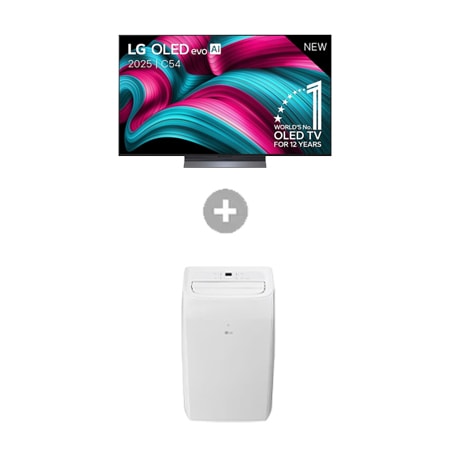 Vooraanzicht van 77 inch LG OLED evo AI C5 4K Smart TV + Mobiele Airconditioner OLED77C54LA.TF09TWS