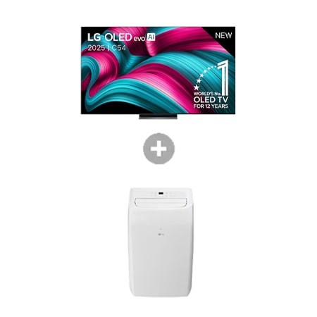 Vooraanzicht van 83 inch LG OLED evo AI C5 4K Smart TV + Mobiele Airconditioner OLED83C54LA.TF09TWS