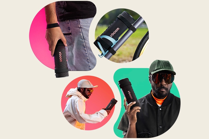 On the upper left side, xboom Grab is held with its strap on someone's wrist. On the upper right side, xboom Grab is placed on a bicycle's water bottle holder. On the bottom left, will.i.am in white outfit is holding xboom Grab with his right hand. On the bottom right, will.i.am in black outfit is holding xboom Grab with his right hand.