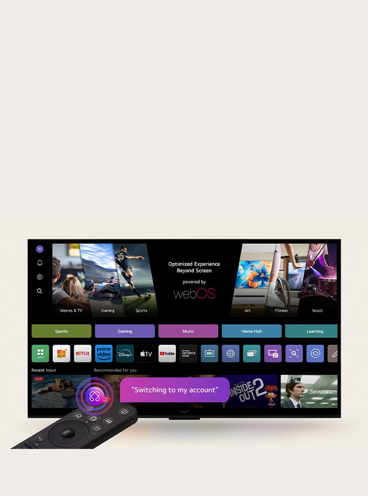 On an LG TV screen is the webOS 25 home page filled with apps and entertainment content. By the TV is the LG AI Magic Remote, the AI button is highlighted as if activated by the user's voice. A speech bubble is beside it, switching to my account. 