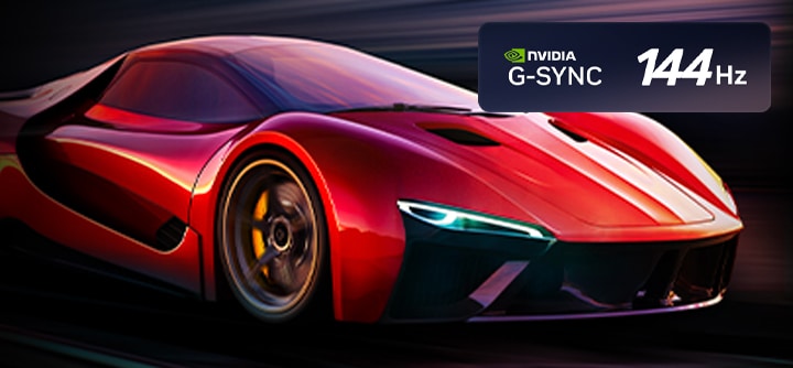 Two images of a car in a video game side-by-side. One shows a lot of motion blur. The other is sharp and in-focus showing the high frame rate of LG OLED TV. Nvidia G-Sync logo and other relevant certifications are visible. 