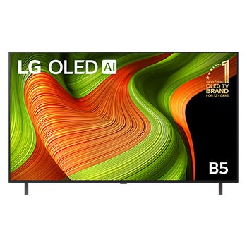 Front view of LG OLED AI B5 4K Smart TV. 12 Years of world number 1 OLED emblem and LG OLED AI 2025 logo are on the screen.
