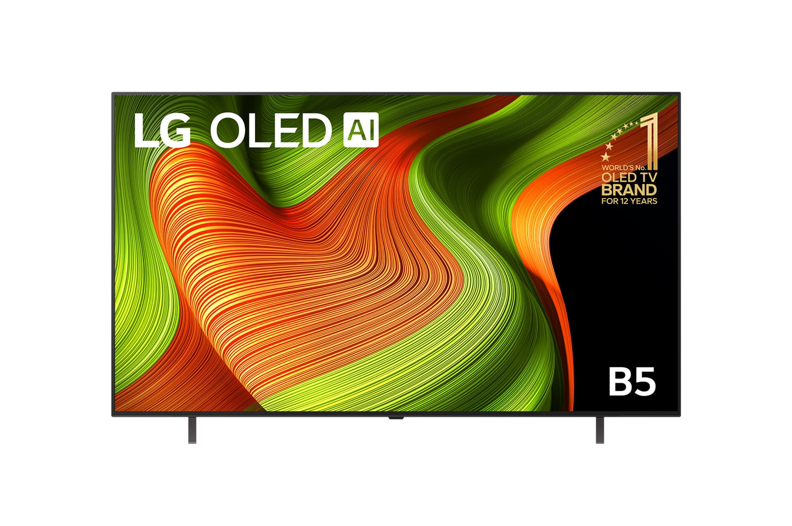 Front view of LG OLED AI B5 4K Smart TV. 12 Years of world number 1 OLED emblem and LG OLED AI 2025 logo are on the screen.