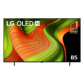 Front view of LG OLED AI B5 4K Smart TV. 12 Years of world number 1 OLED emblem and LG OLED AI 2025 logo are on the screen.