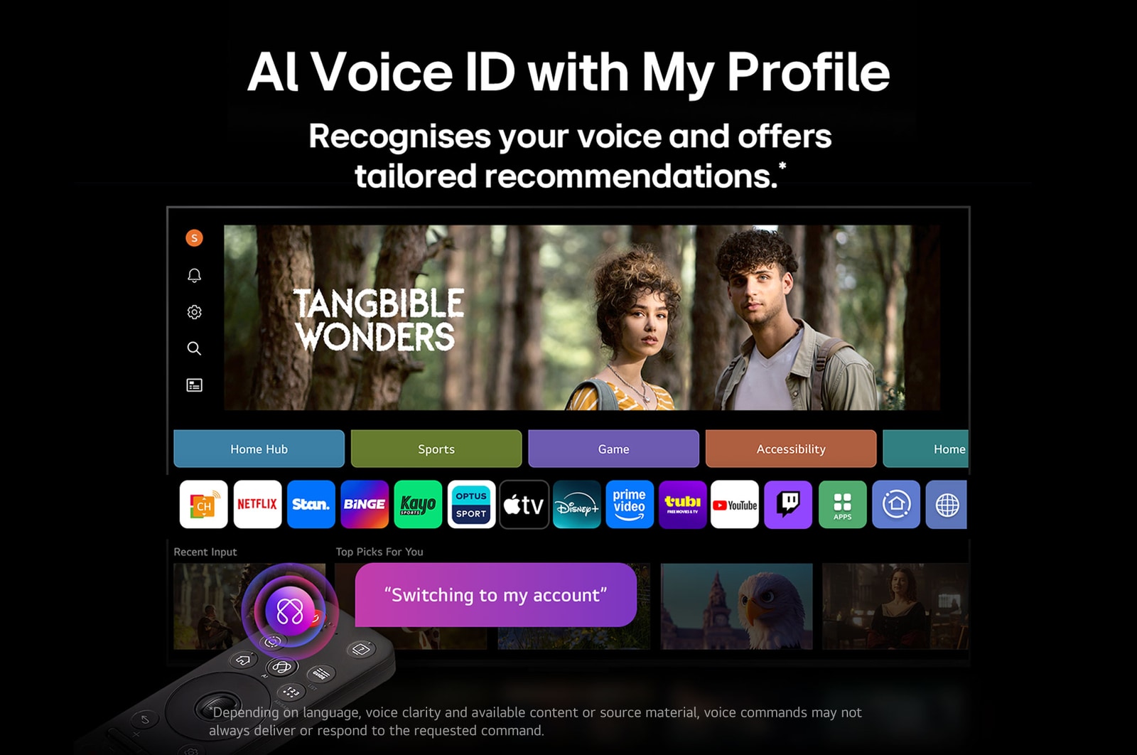 LG AI Magic Remote in the foreground. The AI button icon is highlighted. In the background is the LG webOS UI. The mouse cursor implies that the remote is in use. Text explains how the remote's functions and controls make navigating webOS easy. 