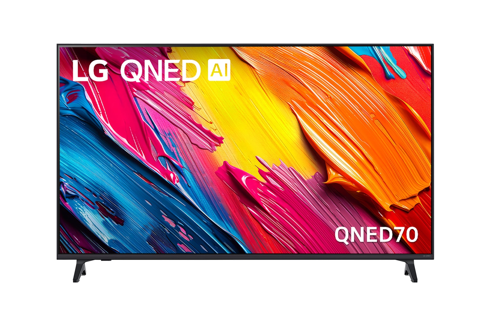 Front view of LG QNED TV, LG QNED Al Logo on the top corner. LG QNED TV depicts colorful paintike textures coming together.